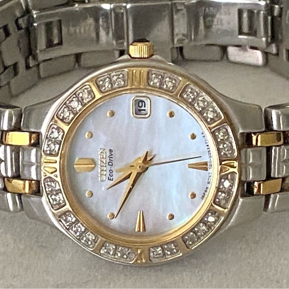 Citizen Eco-Drive Real Diamond Mother of Pearl Stainless Steel Wristwatch 6 1/4” - Picture 2 of 15